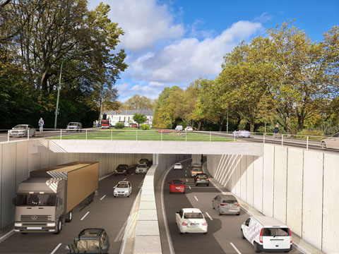 Visualisierung zum Straßenumbau mit neuer Verkehrstrasse in Essen